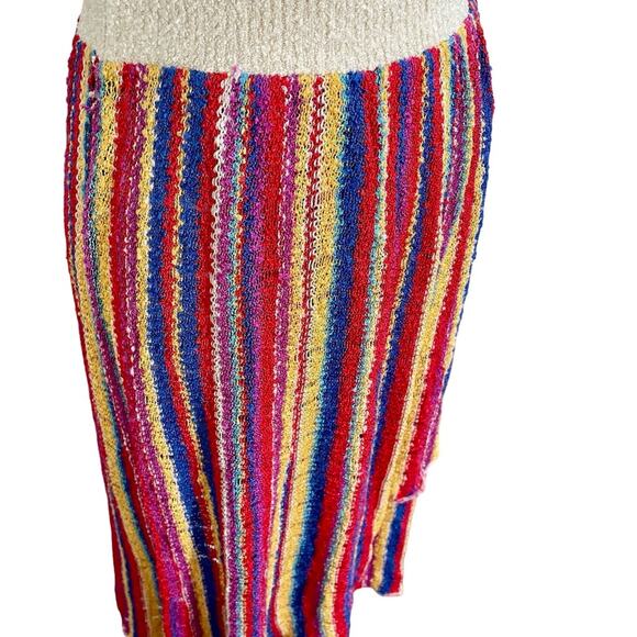 Vintage 80’s French Rags Hand Loomed Rayon Rainbow Striped Faux Wrap Midi Skirt - Picture 9 of 12